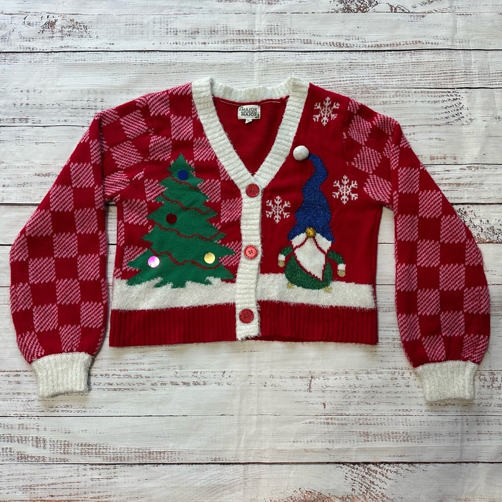 Women’s Ugly Christmas Tree and Gnome Sweater Cardigan- Size M